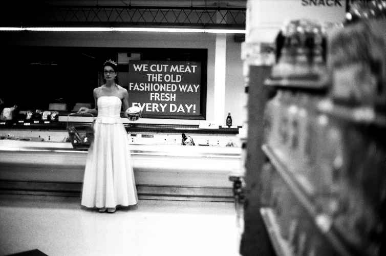 princess in a grocery store, B&W photo